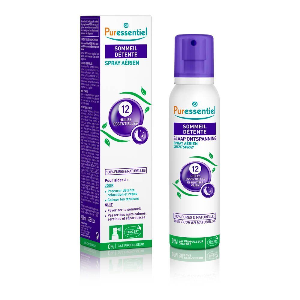 Flasche und Verpackung. Aufschrift: Puressentiel, Sommeil Détente, 12 ätherische Öle. ECOCERT-Zertifizierung.