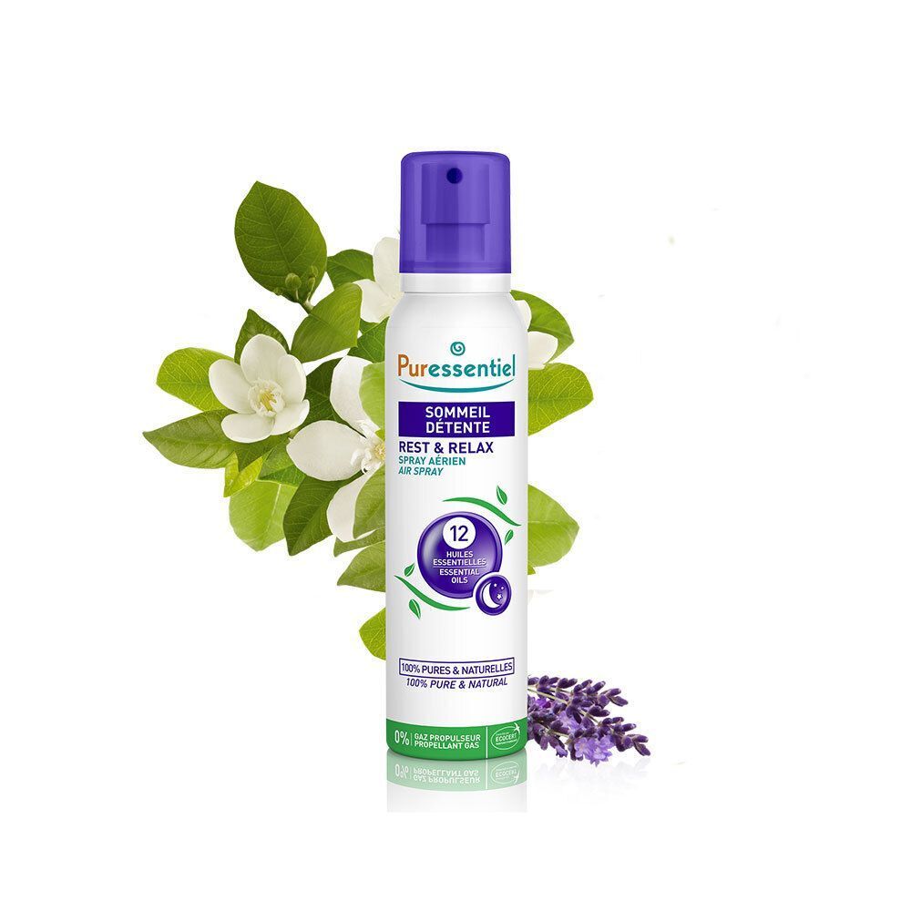 Flasche mit Sprühkopf. Aufschrift: Puressentiel, Sommeil Détente, 12 ätherische Öle. ECOCERT-Zertifizierung.