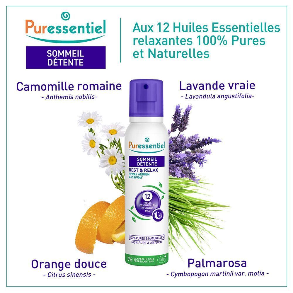 Flasche mit Sprühkopf. Aufschrift: Puressentiel, Sommeil Détente, 12 ätherische Öle. ECOCERT-Zertifizierung.