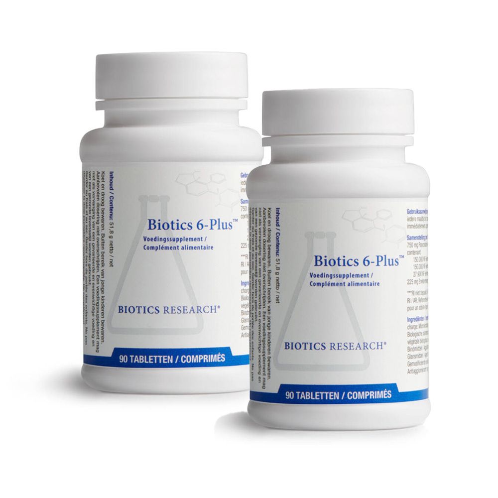 Deux flacons blancs avec étiquettes. Inscription: Biotics 6-Plus, 90 comprimés. Marque: Biotics Research.