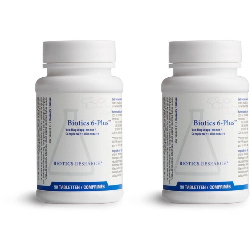 Zwei weiße Flaschen mit Etiketten. Aufschrift: Biotics 6-Plus, 90 Tabletten. Marke: Biotics Research.