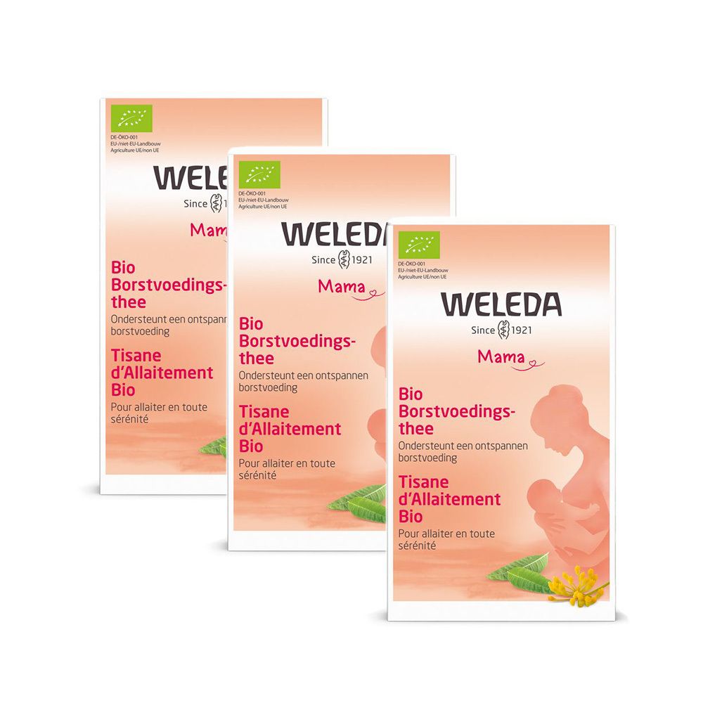Trois boîtes de thé Weleda Mama allaitement. Certification bio. Illustration d'une femme allaitant. Texte en allemand, français et néerlandais.