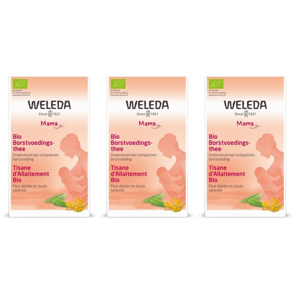 Trois boîtes de thé Weleda Mama allaitement. Certification bio. Illustration d'une femme allaitant. Texte en allemand, français et néerlandais.