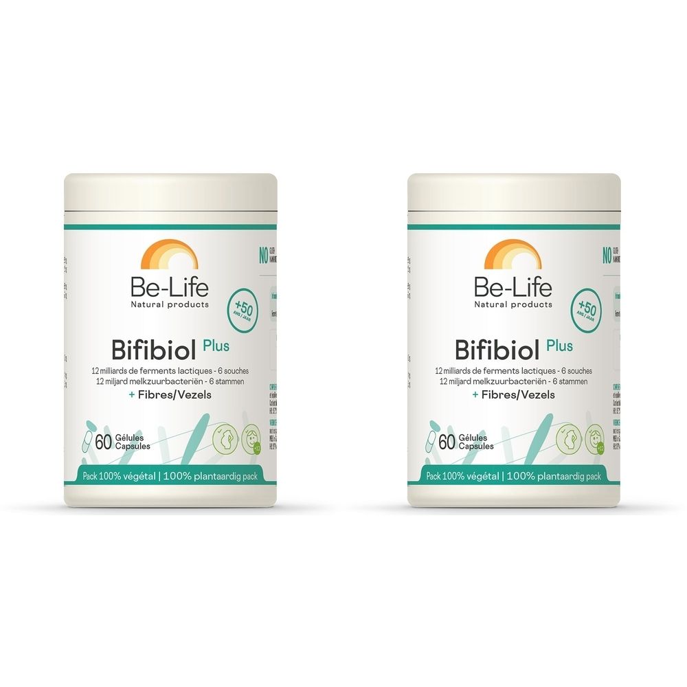 Zwei weiße Behälter mit grüner und orangefarbener Beschriftung. Aufschrift: Be-Life Bifibiol Plus, 60 Kapseln.