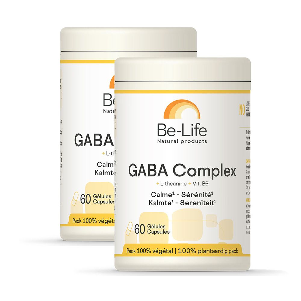 Gros plan de deux boîtes blanches 'Be-Life GABA Complex'. Contient 60 gélules. Texte multilingue.