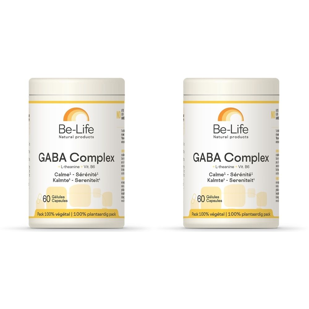 Zwei weiße Behälter mit Aufschrift 'Be-Life GABA Complex'. Enthält 60 Kapseln. Mit Logo und Text in mehreren Sprachen.