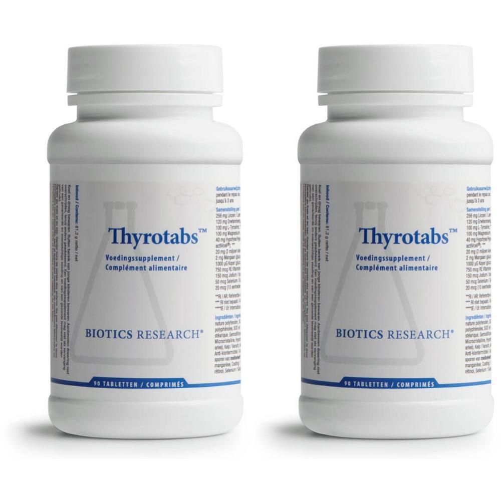Zwei weiße Flaschen Thyrotabs™. Aufschrift: BIOTICS RESEARCH®. Etikett mit Produktinformationen. Deckel oben.