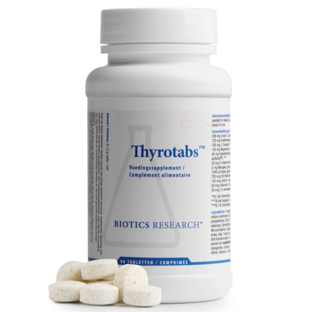 Weiße Flasche Thyrotabs™ mit Tabletten daneben. Aufschrift: BIOTICS RESEARCH®. Etikett mit Produktinformationen.