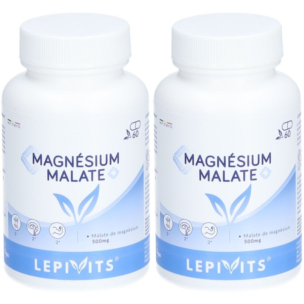 Deux flacons blancs avec inscription bleue: MAGNÉSIUM MALATE. En dessous, LEPIVITS. Chaque flacon contient 60 gélules.