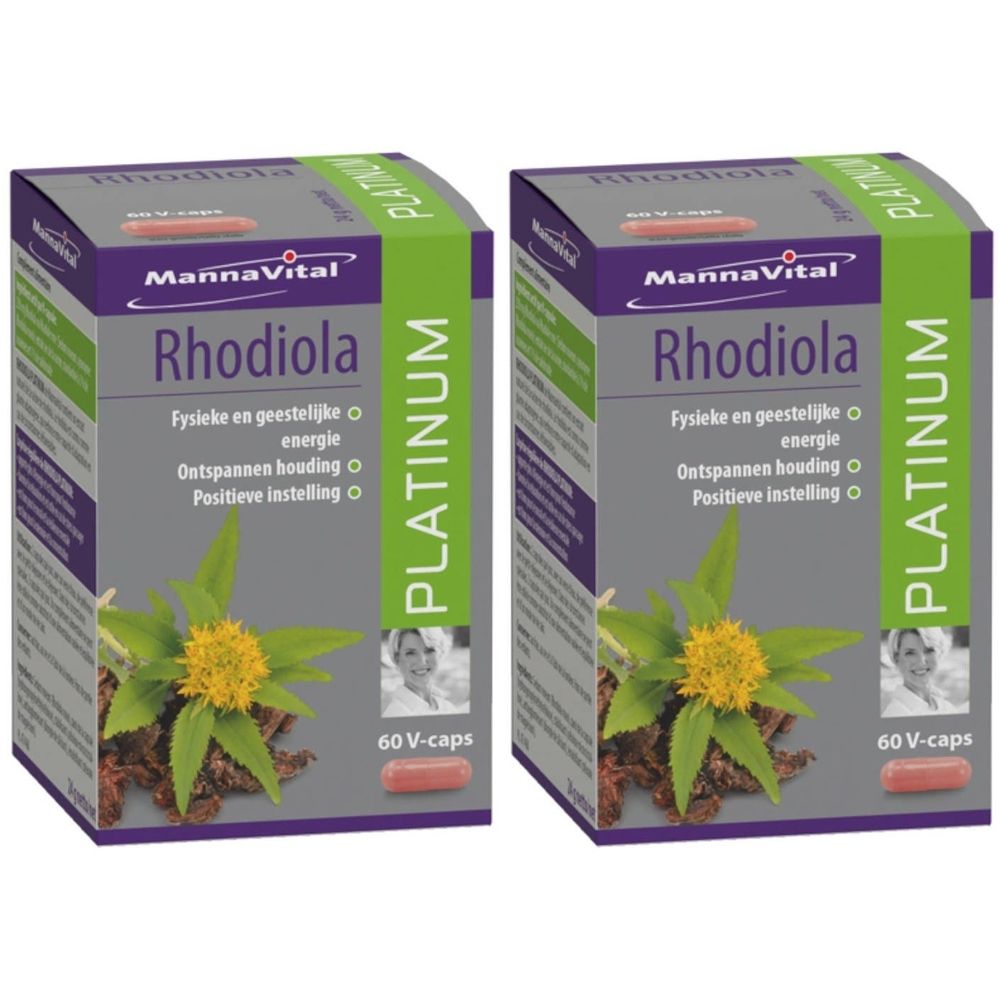 Zwei Schachteln Mannavital Rhodiola Platinum. Aufschrift: Rhodiola, 60 V-caps. Grün-lila Verpackung mit Abbildung einer Pflanze.