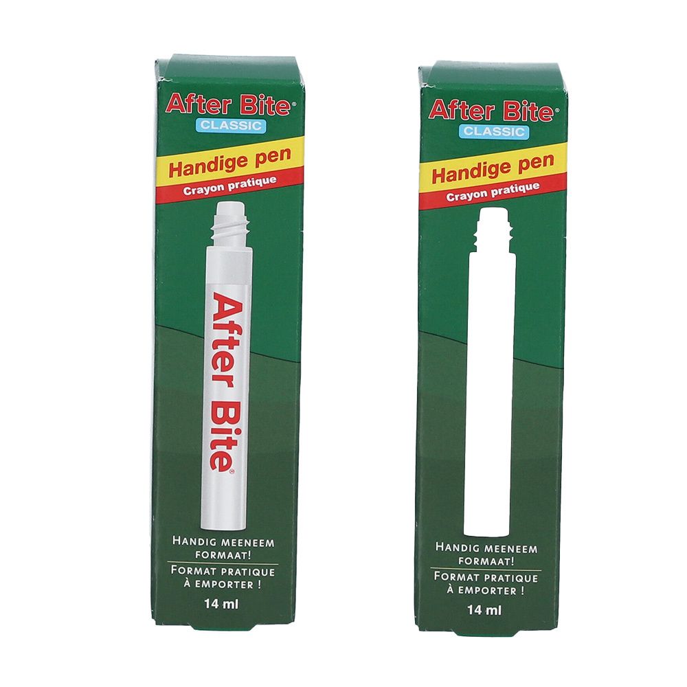 Deux After Bite en emballage. Boîte verte avec stylo blanc. Inscription : After Bite, 14 ml.