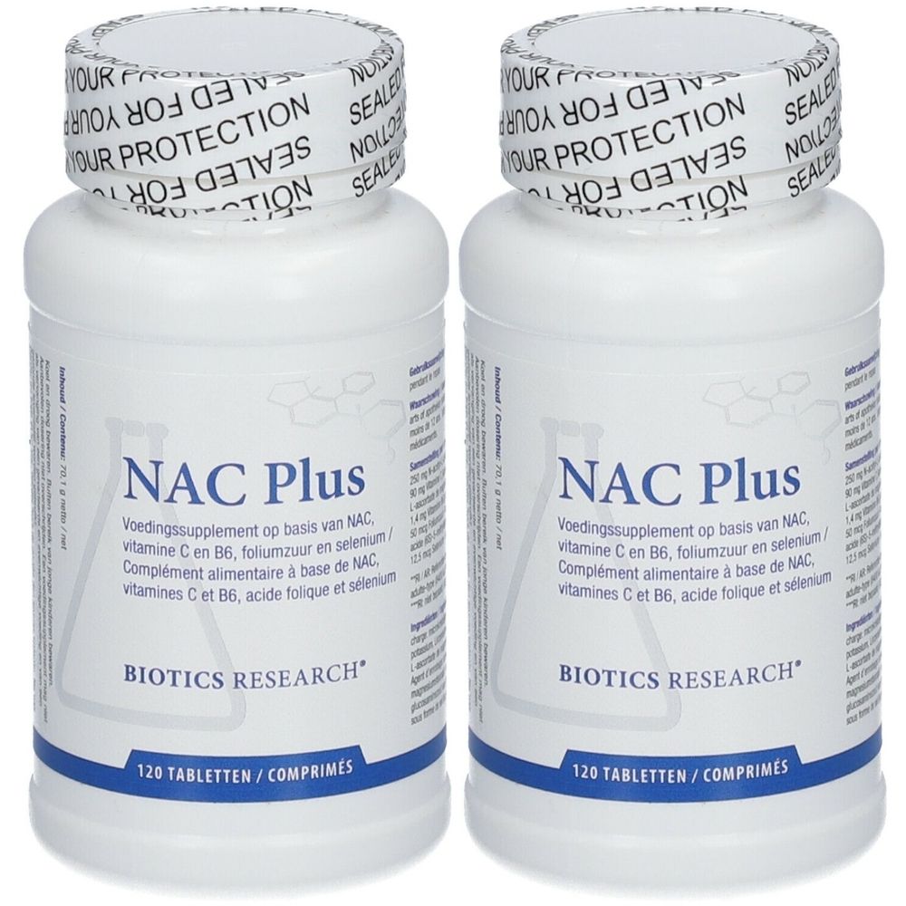 Deux flacons blancs NAC Plus. Logo BIOTICS RESEARCH. 120 comprimés. Sceau sur le couvercle.