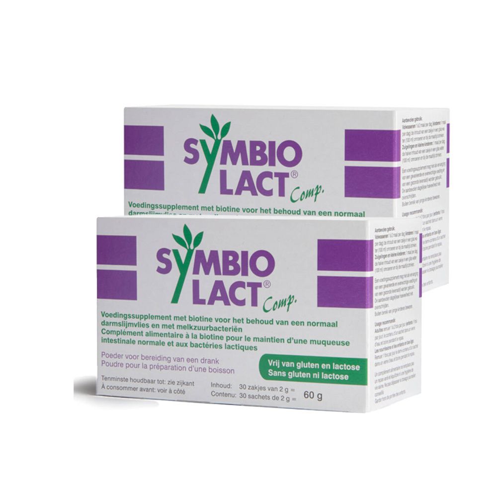 Deux boîtes de Symbiolact Comp. avec texte vert et accents violets. Texte: sans gluten et lactose. Contenu: 30 sachets.