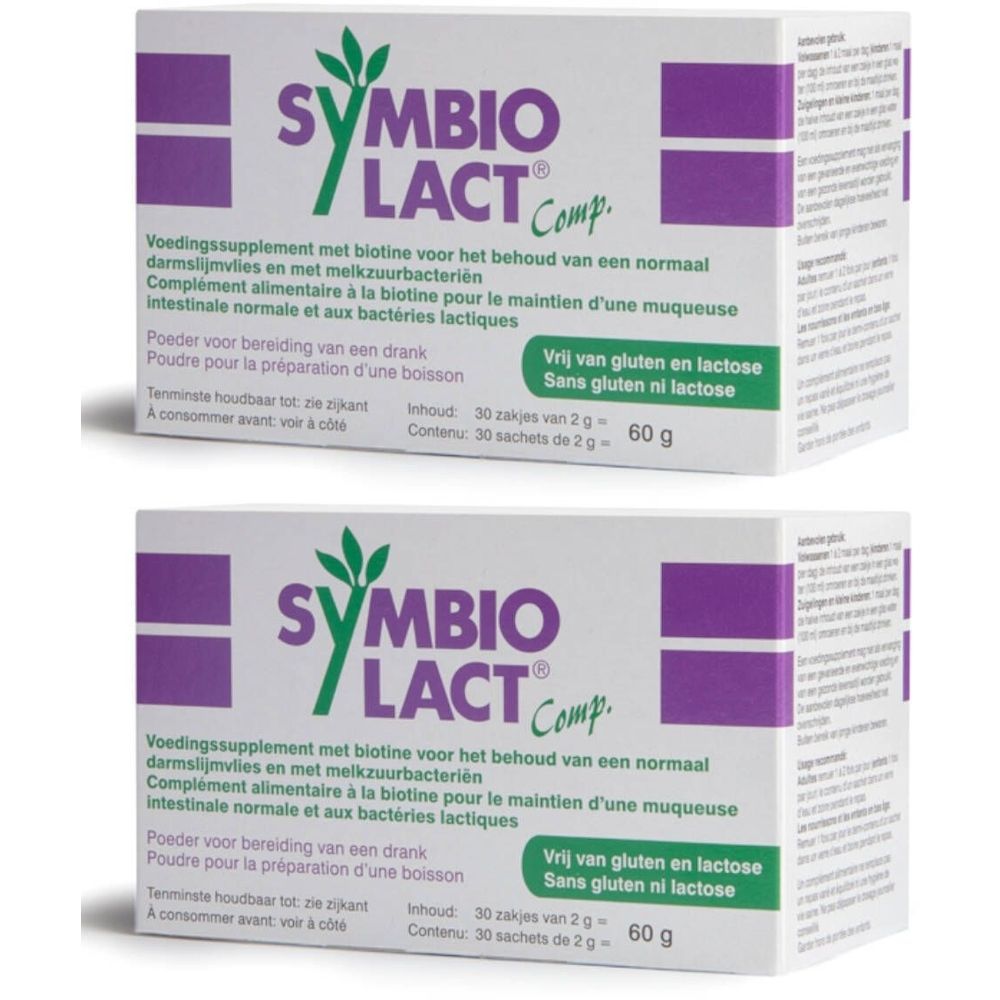 Zwei Kartons Symbiolact Comp. mit grüner Schrift und lila Akzenten. Text: gluten- und laktosefrei. Inhalt: 30 Beutel.