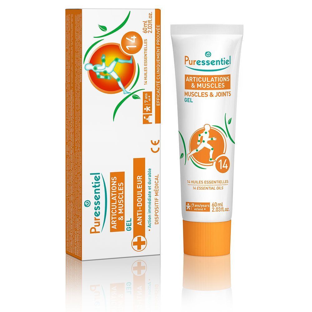 Produktverpackung und Tube. Produktname und Logo deutlich sichtbar. Gel für Gelenke und Muskeln.