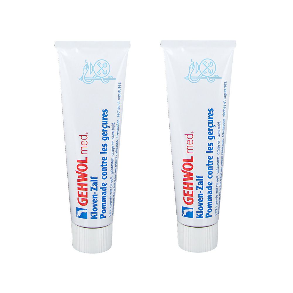 Deux tubes de GEHWOL med. Pommade contre les gerçures. Tubes blancs, texte bleu et logo. Inscription en plusieurs langues.