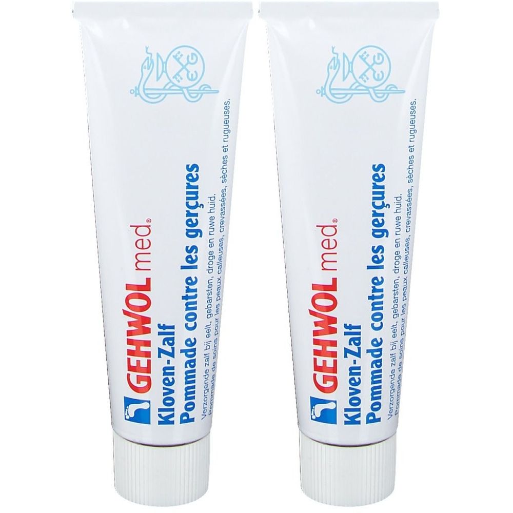 Zwei Tuben GEHWOL med. Schrunden-Salbe. Weiße Tuben mit blauer Schrift und Logo. Text: Pommade contre les gerçures.