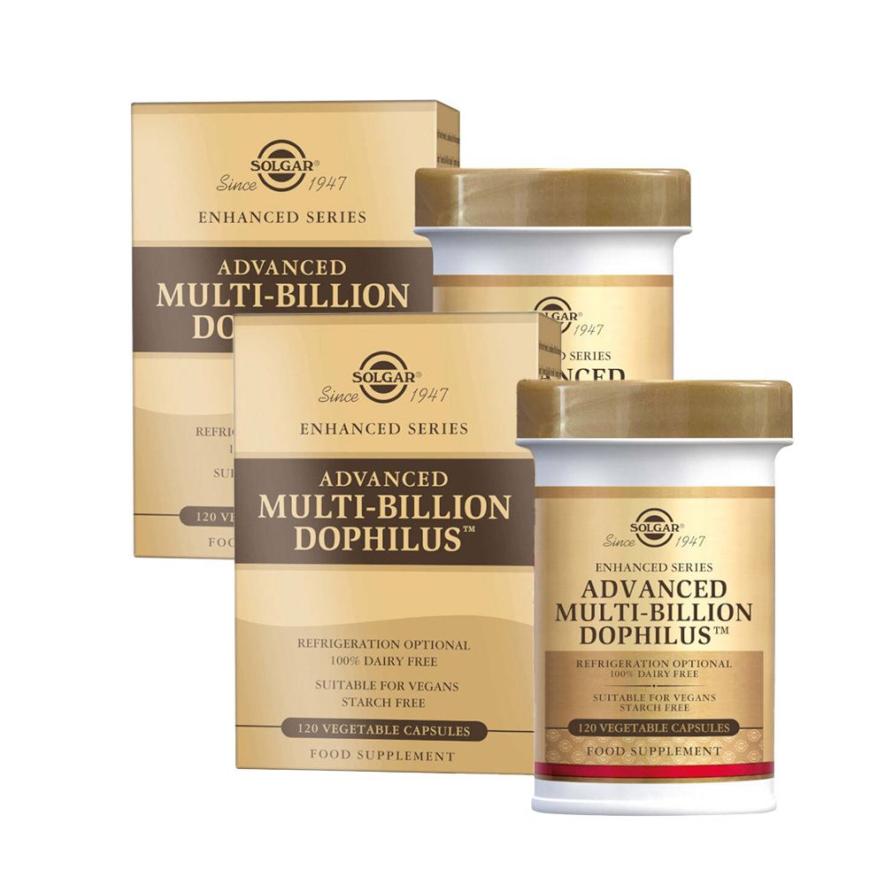 Boîtes et flacons Solgar® Advanced Multi-Billion Dophilus™. Flacons avec couvercle doré, étiquette blanche et texte marron.