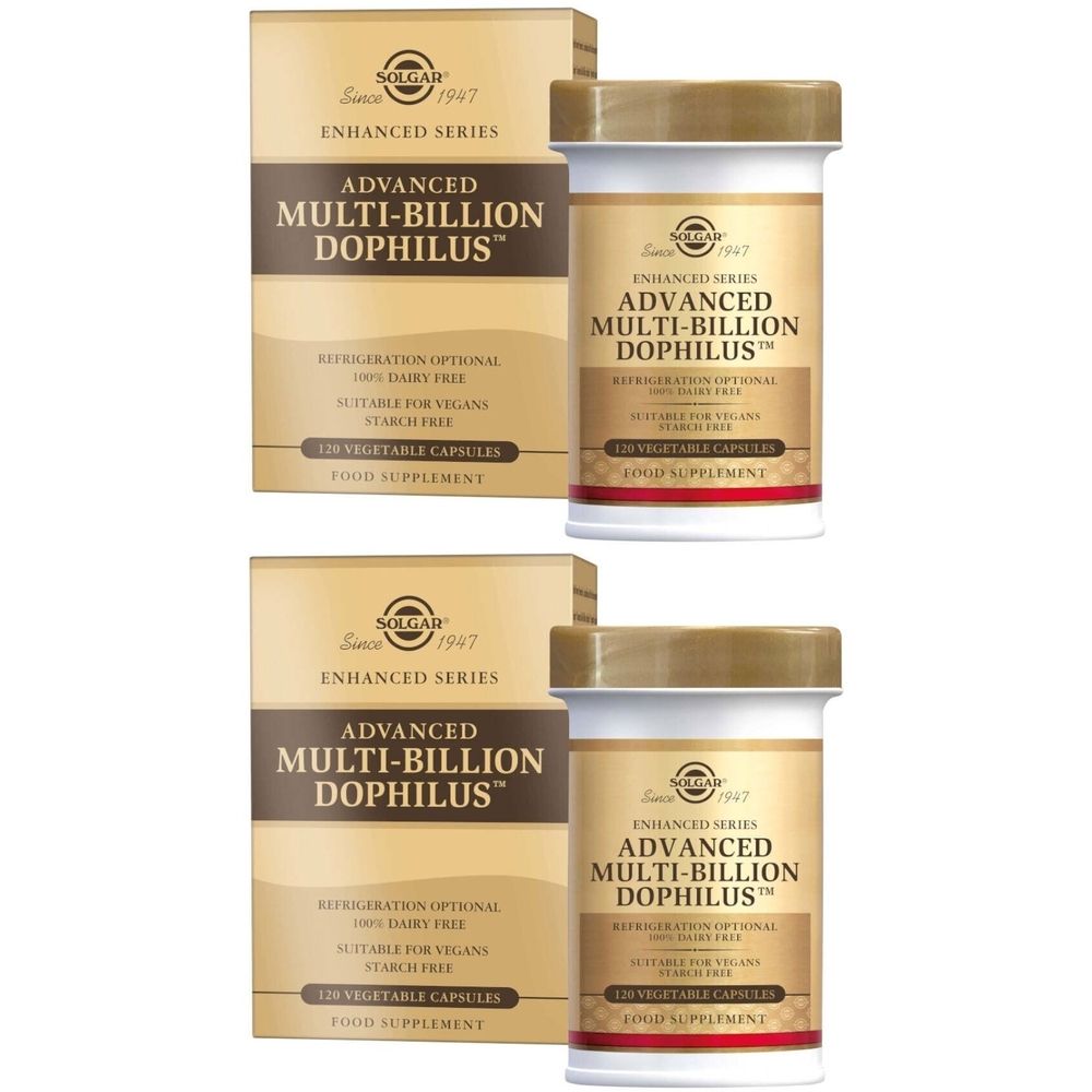Zwei Packungen und Flaschen Solgar® Advanced Multi-Billion Dophilus™. Behälter mit goldfarbenem Deckel, weißem Etikett und brauner Schrift.