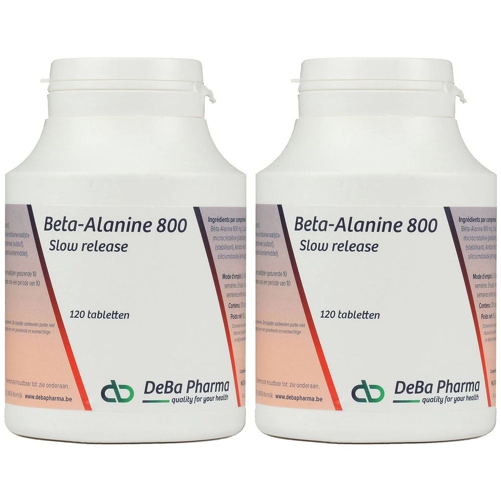 Zwei weiße Flaschen mit Etiketten. Aufschrift: Beta-Alanine 800, Slow release, 120 tabletten. Marke: DeBa Pharma.