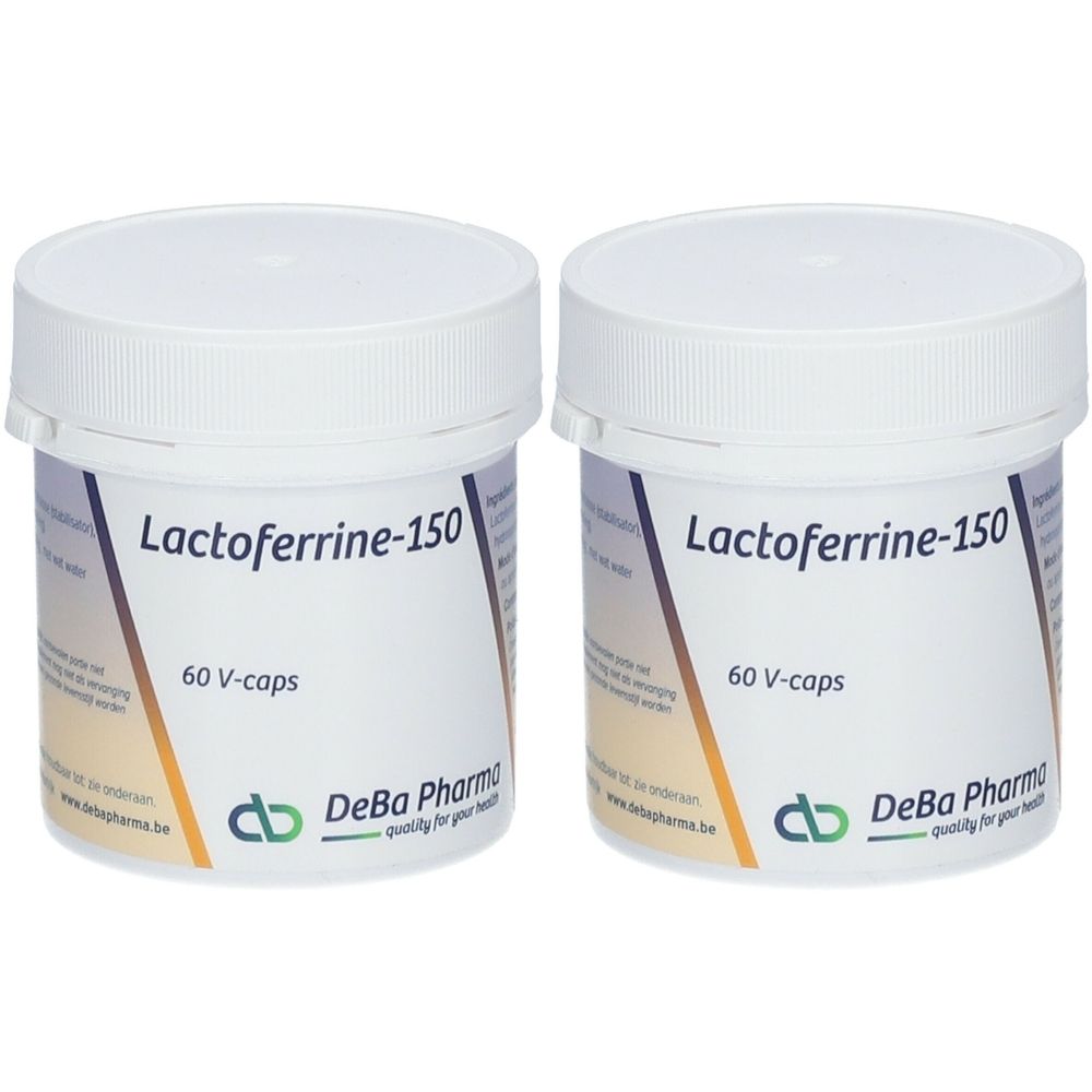 Zwei weiße Dosen mit Deckel. Aufschrift: Lactoferrine-150, 60 V-caps. Logo und Name: DeBa Pharma.