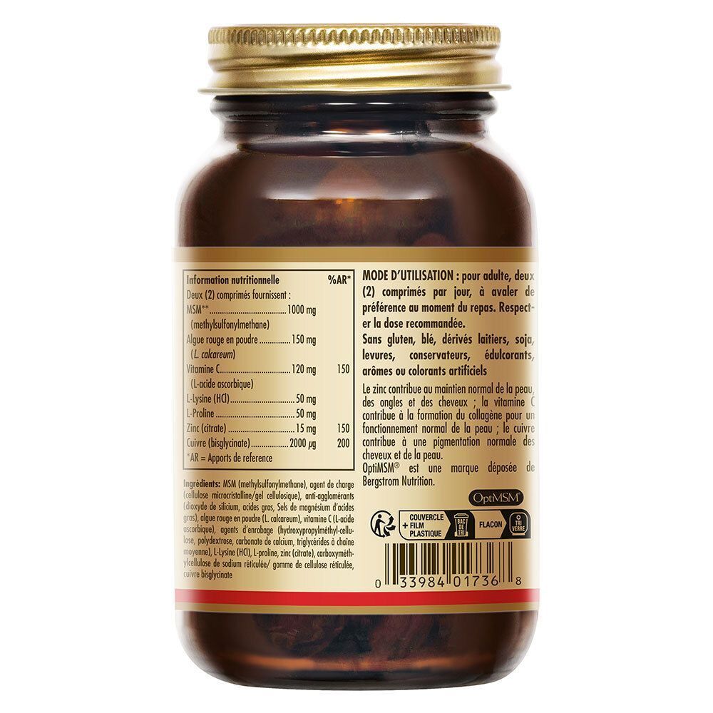 Rückseite einer Flasche Solgar Skin, Nails and Hair Formula. Braune Glasflasche mit goldenem Deckel. Textinformationen auf Etikett.