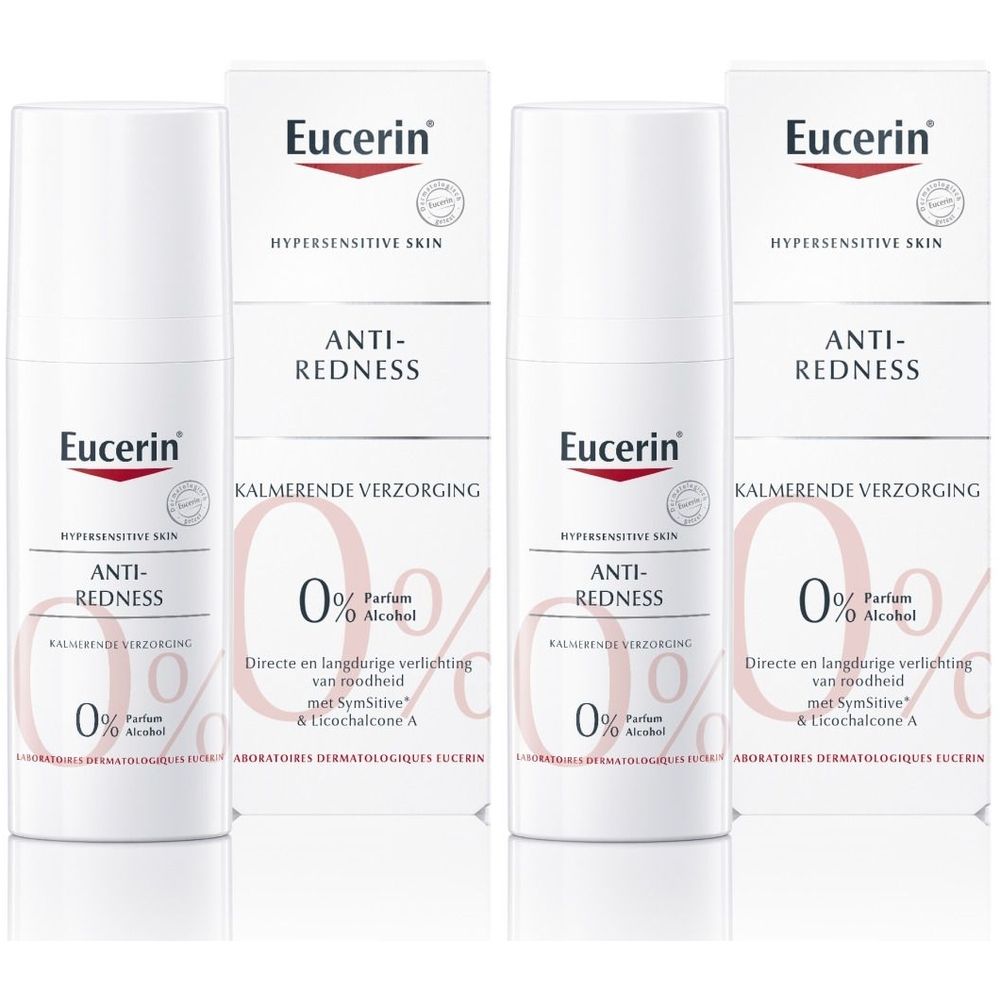 Eucerin Anti-Rötung Creme. Weiße Flaschen und Kartons. Aufschrift: Anti-Rötung, 0% Parfum, 0% Alkohol. Für hypersensible Haut.