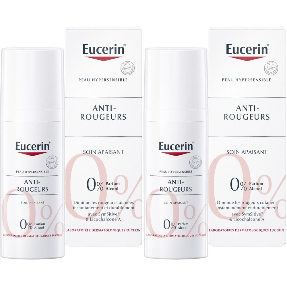 Eucerin crème anti-rougeurs. Flacons et boîtes blancs. Inscription : Anti-rougeurs, 0% parfum, 0% alcool. Pour peaux hypersensibles.