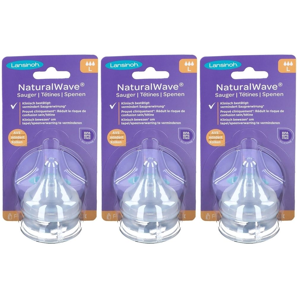 Drei Sauger in Verpackung. Aufschrift: NaturalWave, L. BPA-frei.
