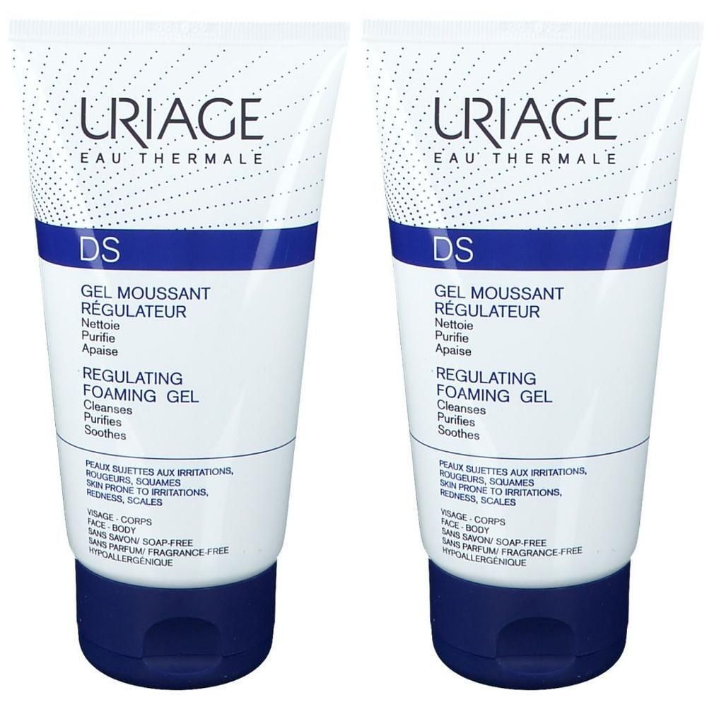 Zwei Tuben Uriage DS Reinigungsgel. Weiß, blau und dunkelblau. Text: DS, Gel Moussant Régulateur, Regulating Foaming Gel.