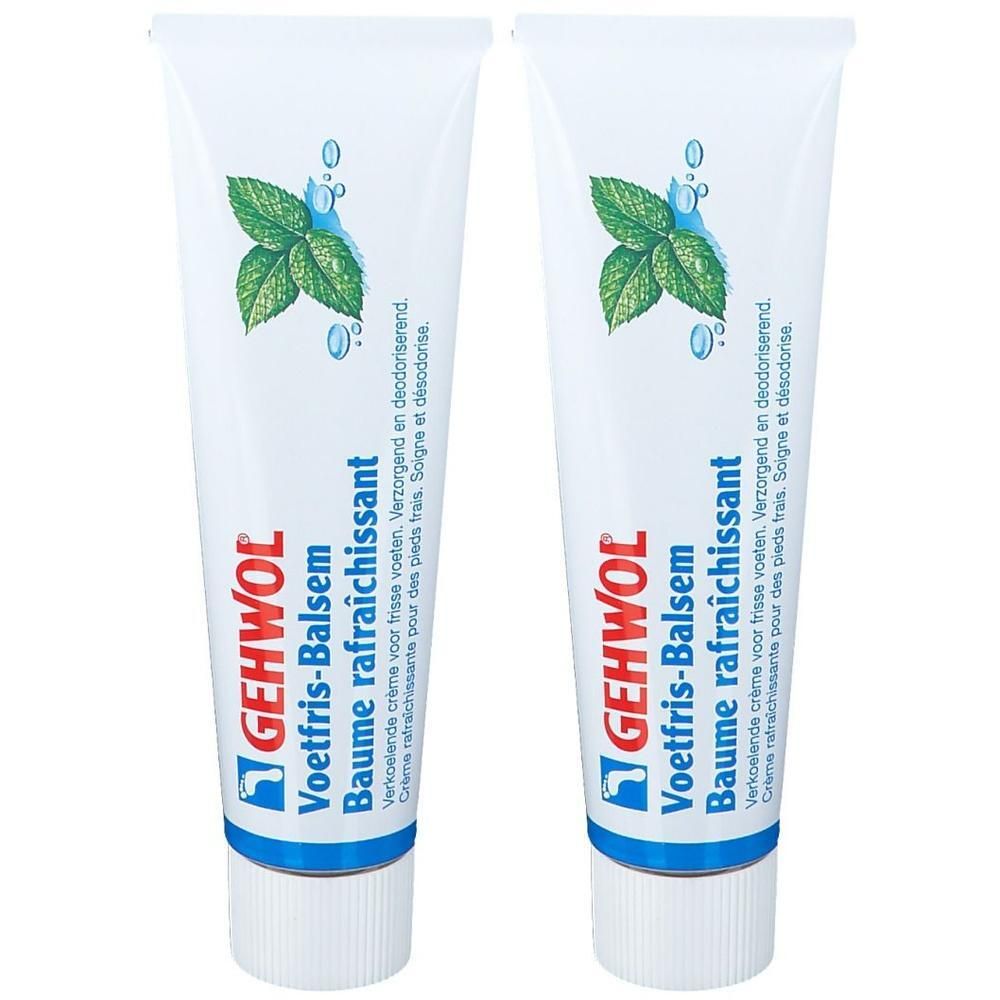 Zwei Tuben GEHWOL® Voetfris-Balsam. Weiße Tuben mit grünen Blättern und blauen Akzenten. Text: „Baume rafraîchissant“.