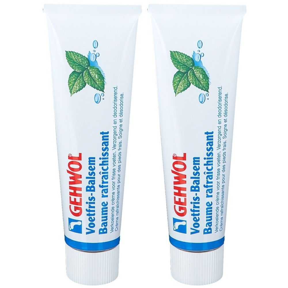 Deux tubes de GEHWOL® Voetfris-Balsam. Tubes blancs avec feuilles vertes et accents bleus. Texte : « Baume rafraîchissant ».
