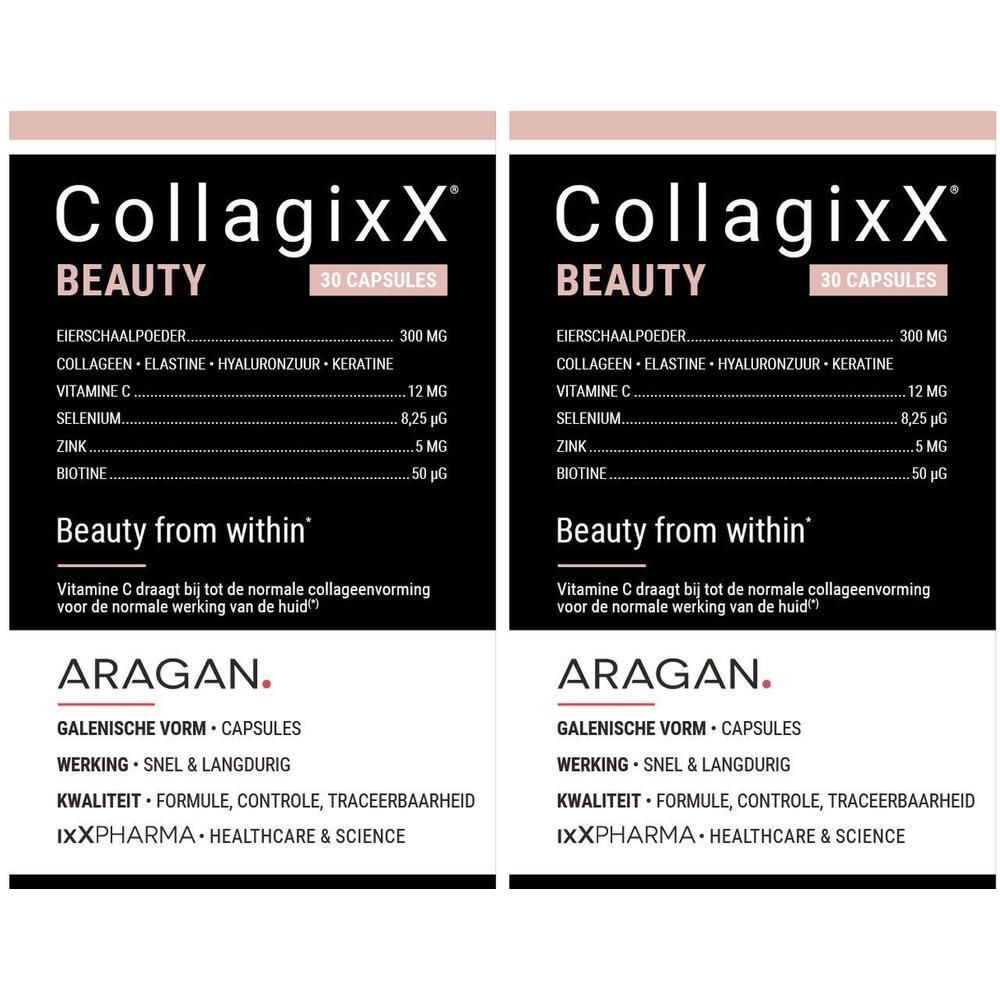 Zwei Packungen CollagixX BEAUTY Kapseln. Schwarze Verpackung mit weißen Texten. Enthält 30 Kapseln. Marke: ARAGAN.