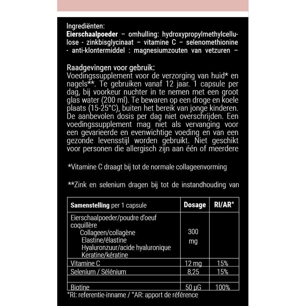 Inhaltsstoffliste und Anwendungshinweise für CollagixX BEAUTY. Text auf schwarzem Hintergrund. Enthält Informationen zu Inhaltsstoffen und Dosierung.