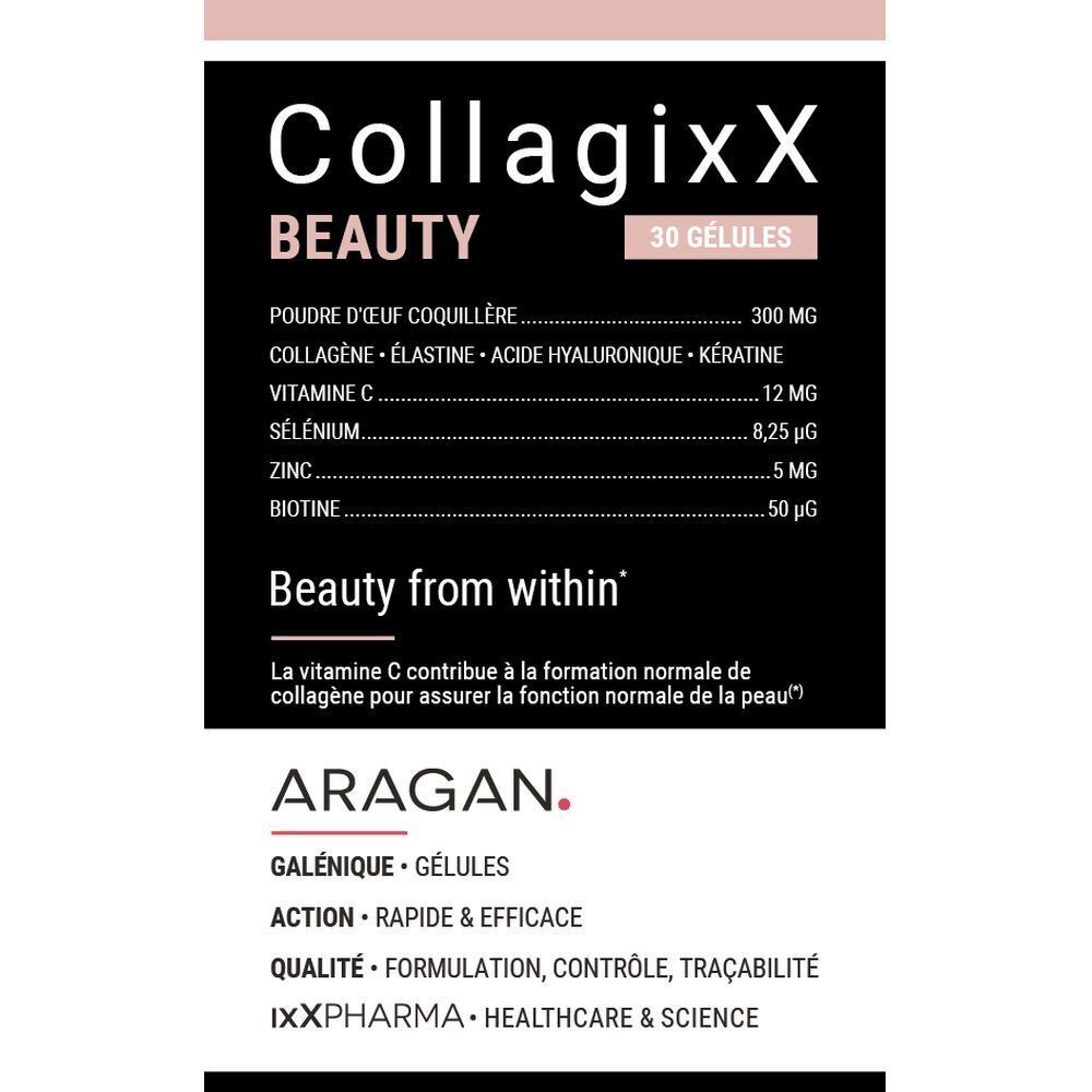 Verpackung von CollagixX BEAUTY, 30 Gelules. Schwarzer Hintergrund mit weißen Texten. Marke: ARAGAN. Enthält Inhaltsstoffe und Informationen.