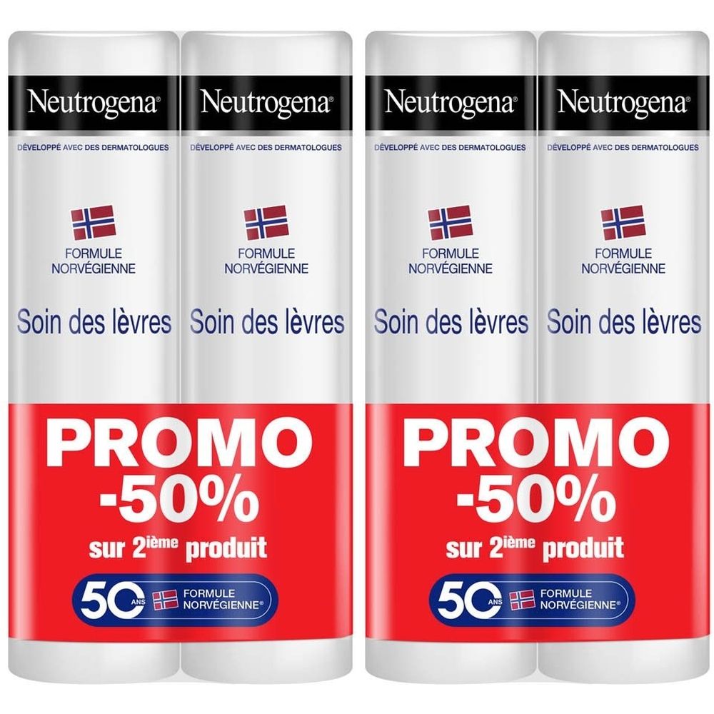 Quatre sticks à lèvres en étui blanc. Graphiques rouges et bleus. "PROMO -50%" sur fond rouge. Marque Neutrogena.
