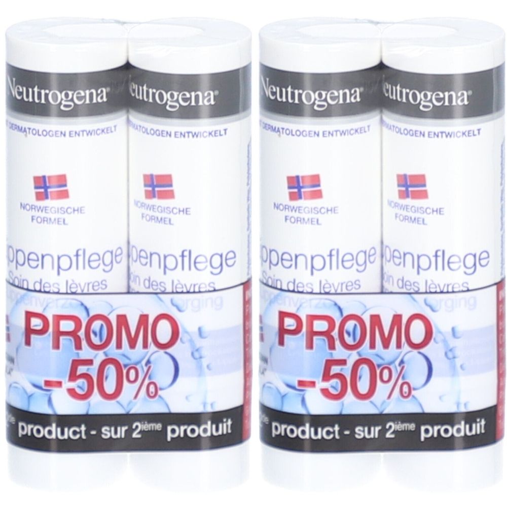 Zwei Packungen Lippenpflege, je vier Stifte. Weiße Hüllen mit roter und blauer Grafik. "PROMO -50%" auf der Verpackung.