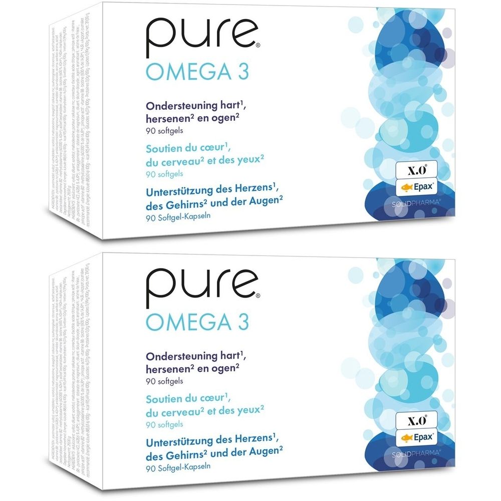 Zwei weiße Schachteln mit "pure Omega 3"-Logo und Text in Deutsch, Niederländisch und Französisch. Blaue Grafik auf der rechten Seite.