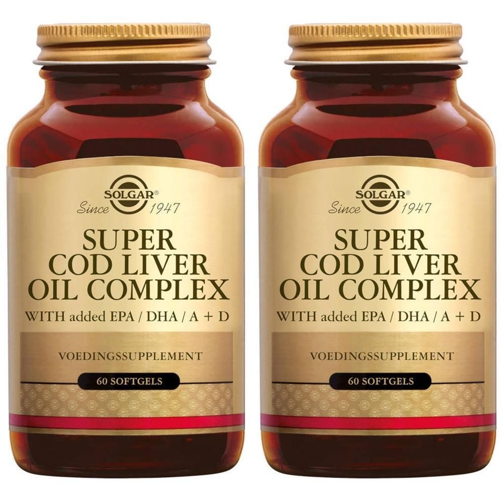 Zwei Flaschen Solgar Super Cod Liver Oil Complex. Braune Glasflaschen mit goldenen Deckeln und Etiketten.