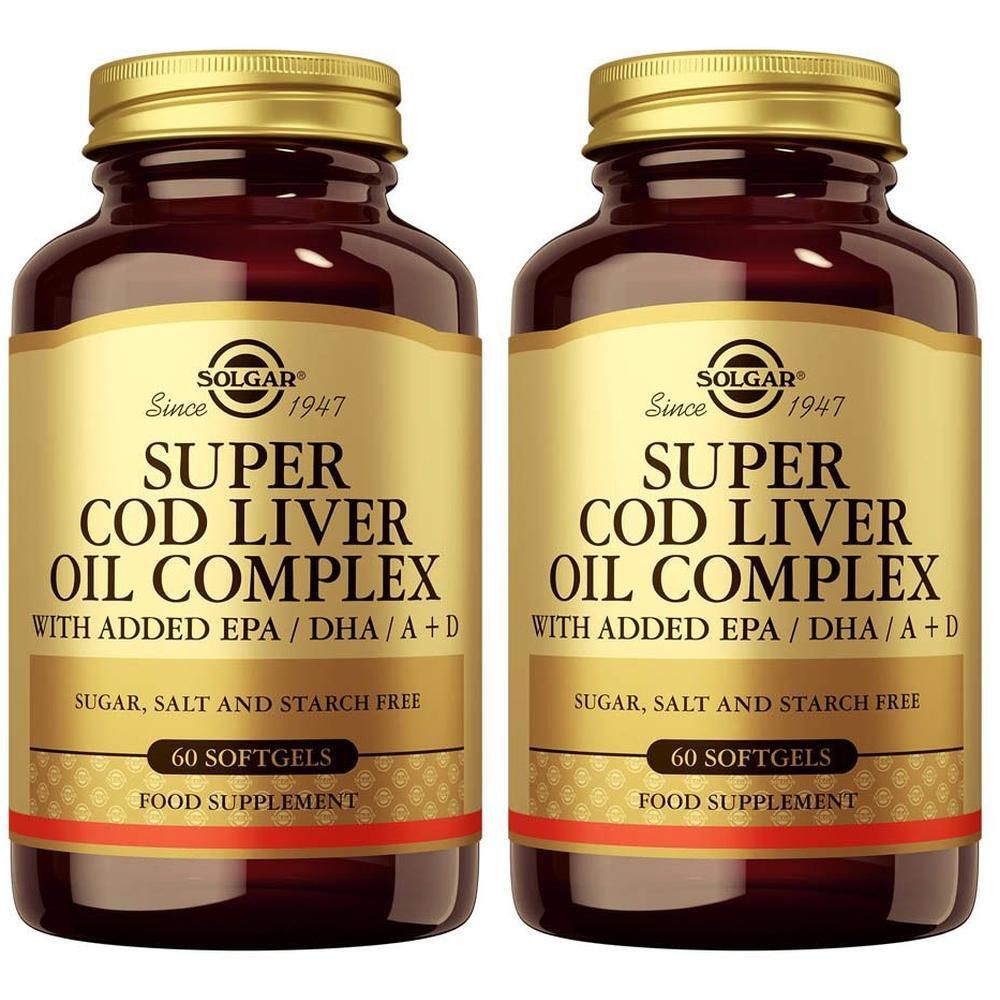 Deux flacons de Solgar Super Cod Liver Oil Complex. Flacons en verre brun avec bouchons dorés et étiquettes.