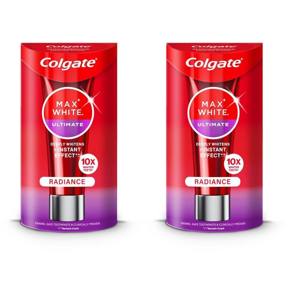 Deux tubes de dentifrice dans un emballage. Inscription: Colgate Max White Ultimate Radiance. Blanchiment en profondeur, effet instantané, 10x dents plus blanches.