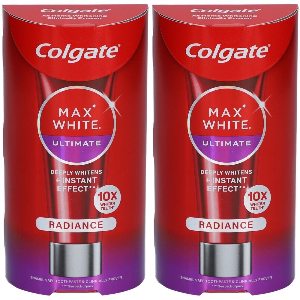 Zwei Tuben Zahnpasta in Verpackung. Aufschrift: Colgate Max White Ultimate Radiance. Tiefenaufhellung, Soforteffekt, 10x weißere Zähne.