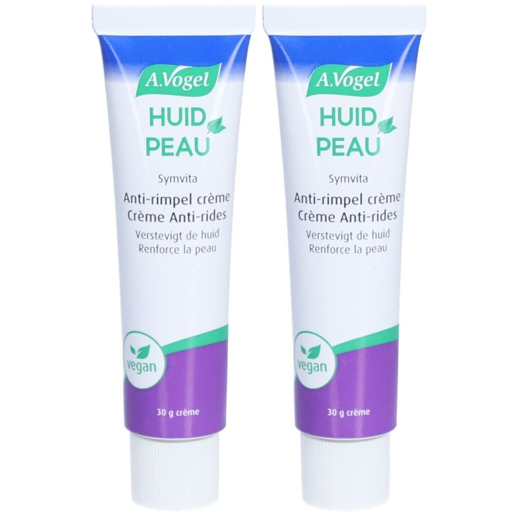 Deux tubes de crème anti-rides A.Vogel Huid Peau. Tubes blancs avec bandes violettes et logos verts. Label vegan.