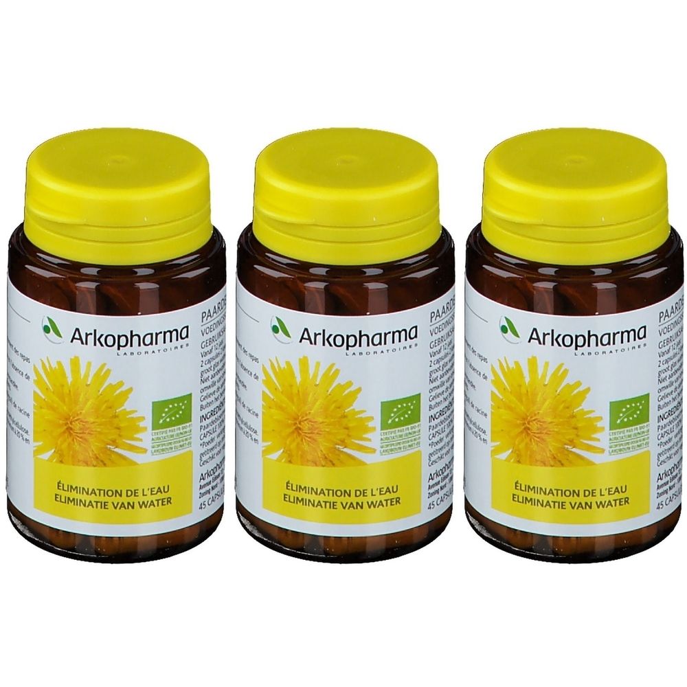 Drei braune Flaschen mit gelben Deckeln. Aufschrift: Arkopharma, gelbe Blume, 'Elimination de l'eau'.