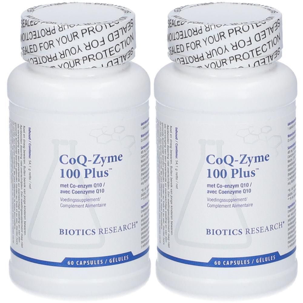 Zwei weiße Flaschen mit Etiketten. Aufschrift: CoQ-Zyme 100 Plus, Biotics Research. 60 Kapseln.