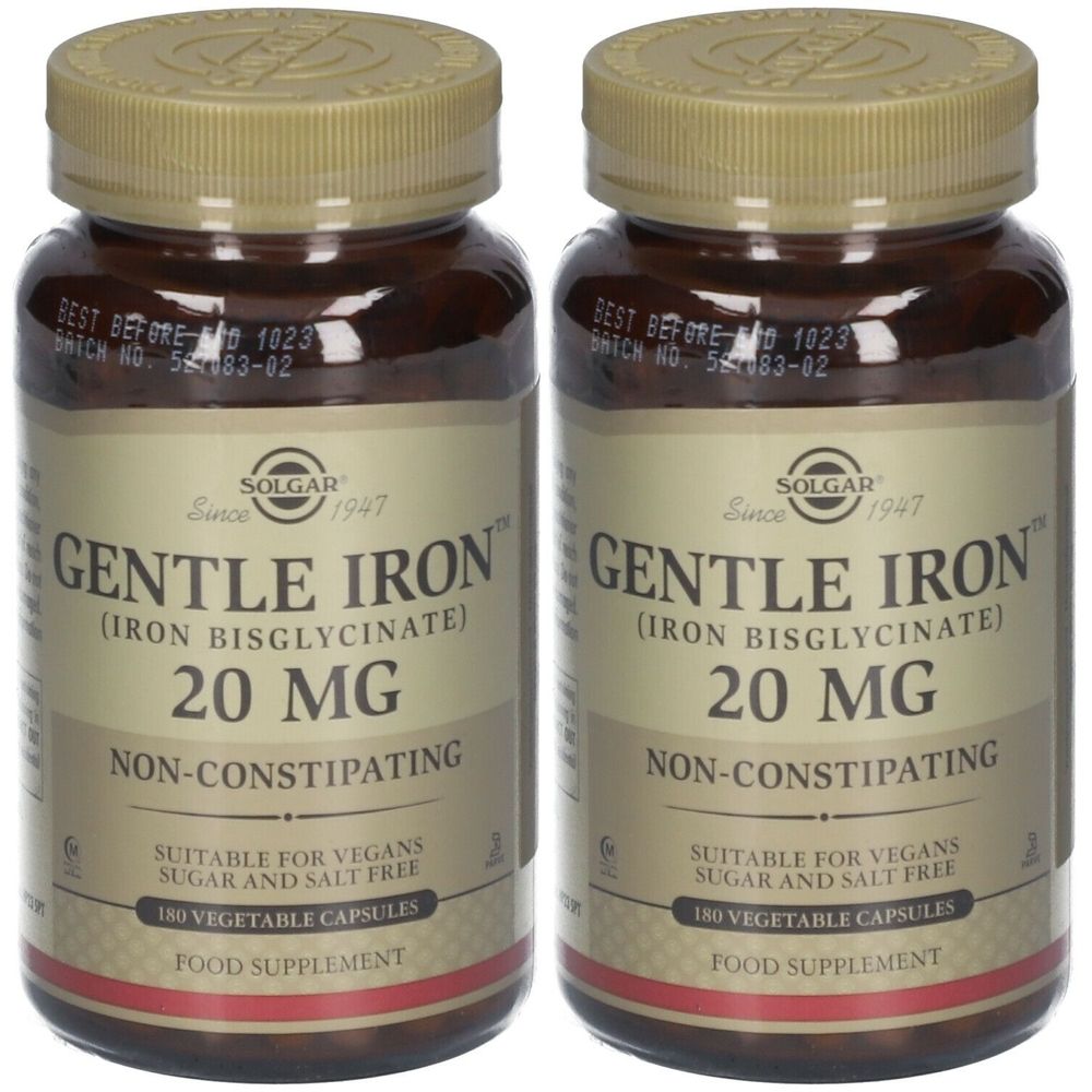 Deux flacons de Solgar Gentle Iron. Inscription : Gentle Iron, 20 mg, 180 gélules. Convient aux végétaliens. Complément alimentaire.