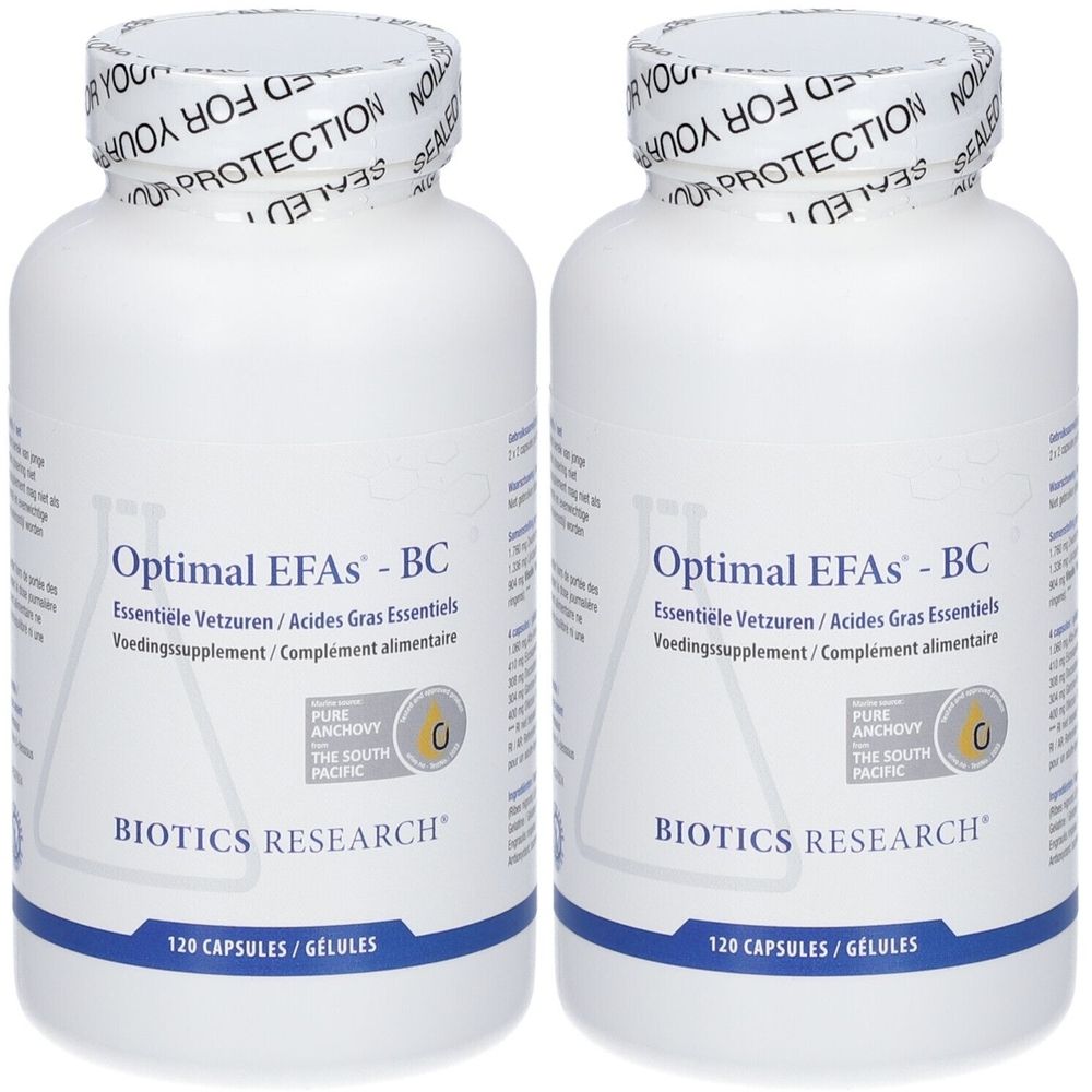 Zwei weiße Flaschen mit Etikett: Optimal EFAs - BC. Text: Biotics Research, 120 Kapseln. Siegel: Für Ihren Schutz.