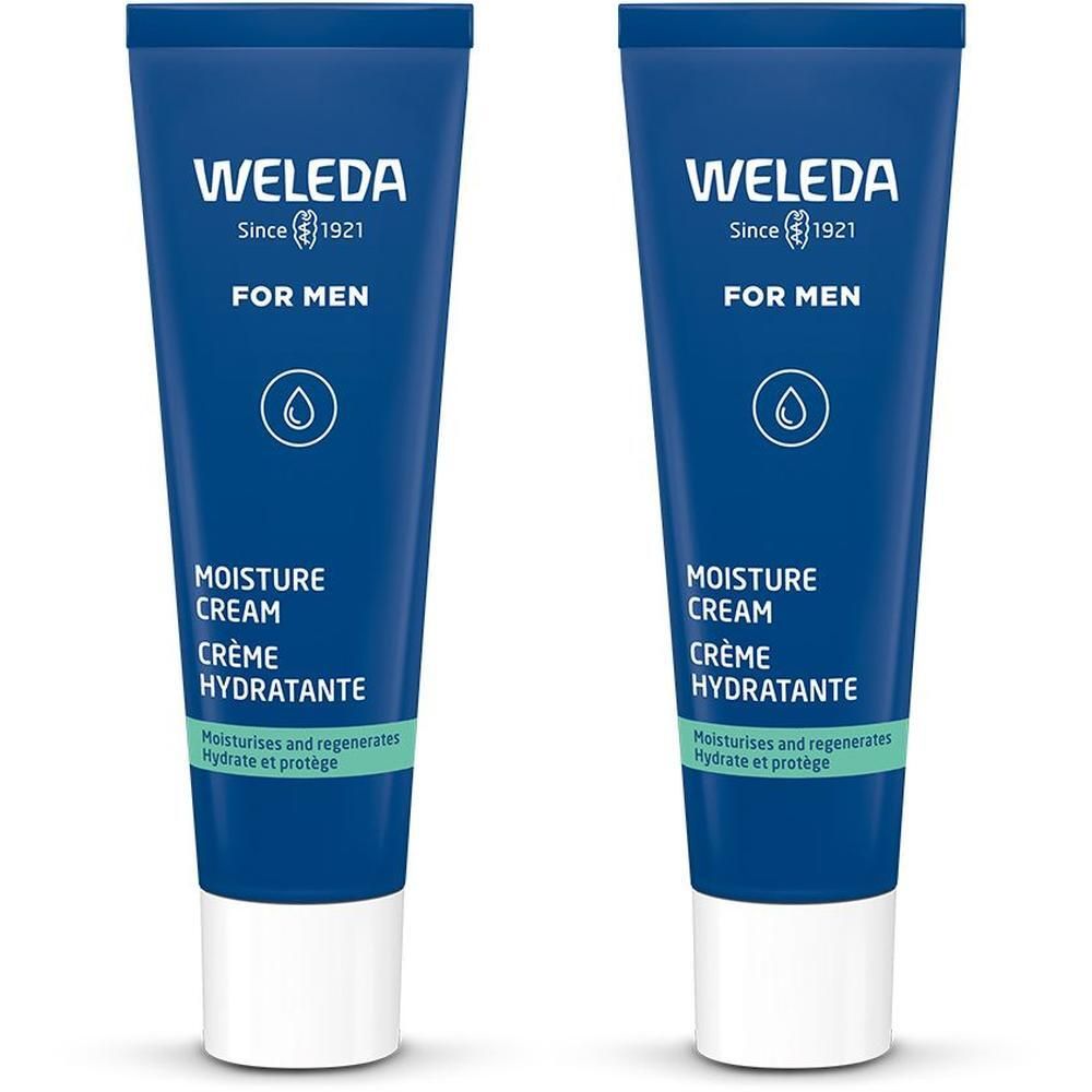 Zwei blaue Tuben mit weißem Verschluss. Aufschrift: WELEDA, FOR MEN, MOISTURE CREAM, CRÈME HYDRATANTE. Grün unterlegt: Hydrate et protège.