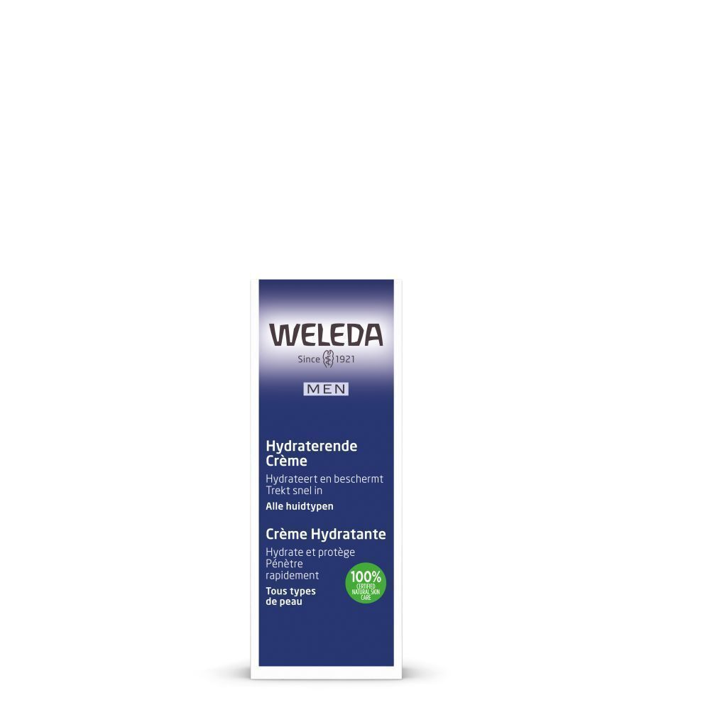 Blaue Verpackung mit Aufschrift WELEDA, MEN, Hydraterende Crème, Crème Hydratante. Mit grünem Logo: 100% natürliche Inhaltsstoffe.