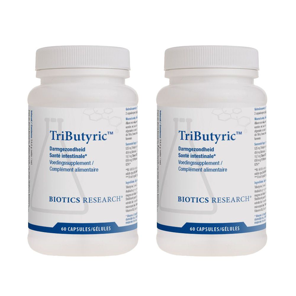 Zwei weiße Flaschen mit Kapseln. Aufschrift: TriButyric, Darmgezondheid, Santé intestinale, Voedingssupplement, Complément alimentaire. Marke: BIOTICS RESEARCH.
